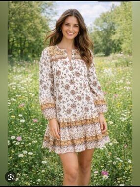 LOFT Cream and Brown Floral Tiered Long-Sleeve Mini Dress